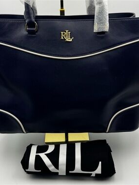Lauren Ralph Lauren Two-Tone Leather Large Marcy Satchel Navy bag